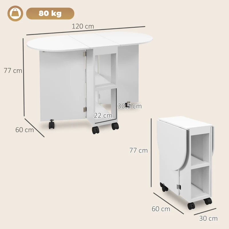 HOMCOM Mesa de Comedor Plegable con Ruedas Mesa de Cocina con Alas Abatibles y 2 Estantes Abiertos 120x60x77 cm Blanco