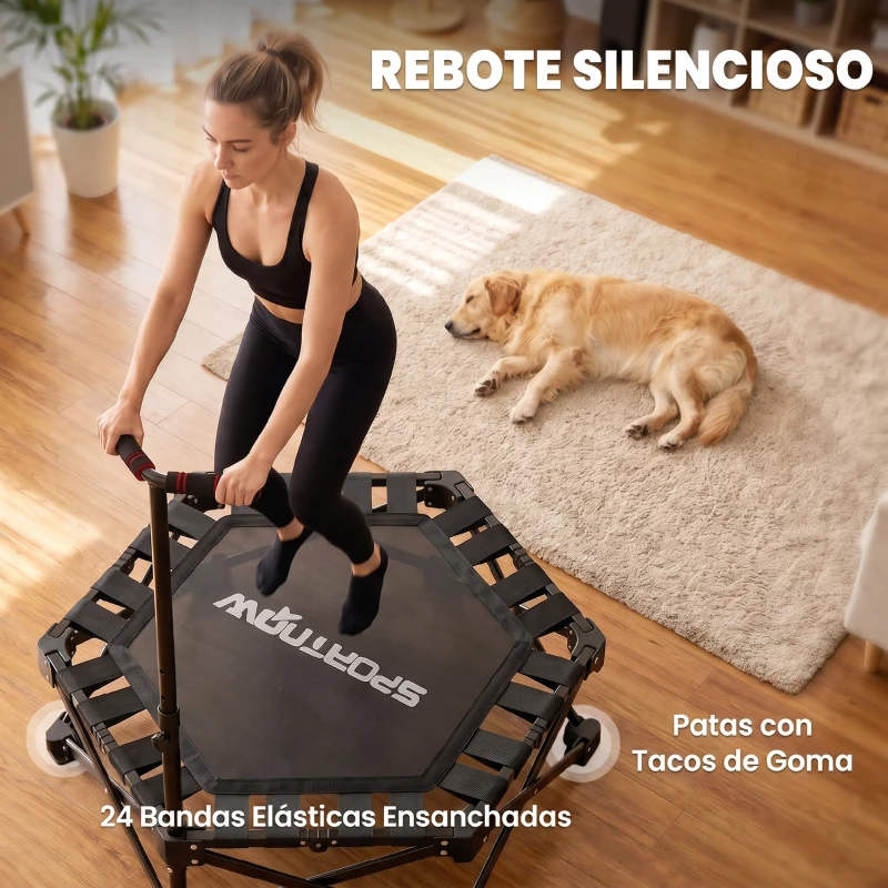 SPORTNOW Trampolín de Fitness Plegable 104 cm con Barra Ajustable en 3 Alturas Marco Metálico Reforzado y Bolsa 104x104x114 cm