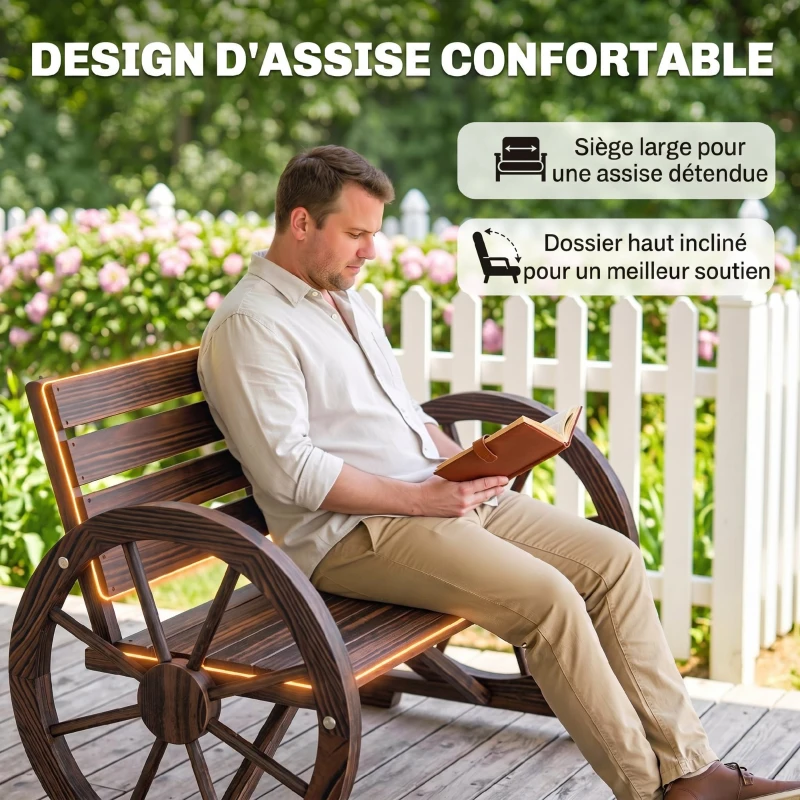 Outsunny Banc de Jardin banc 3 places banc en bois Style Rustique Chic accoudoirs Roues Charette Bois Sapin traité carbonisation