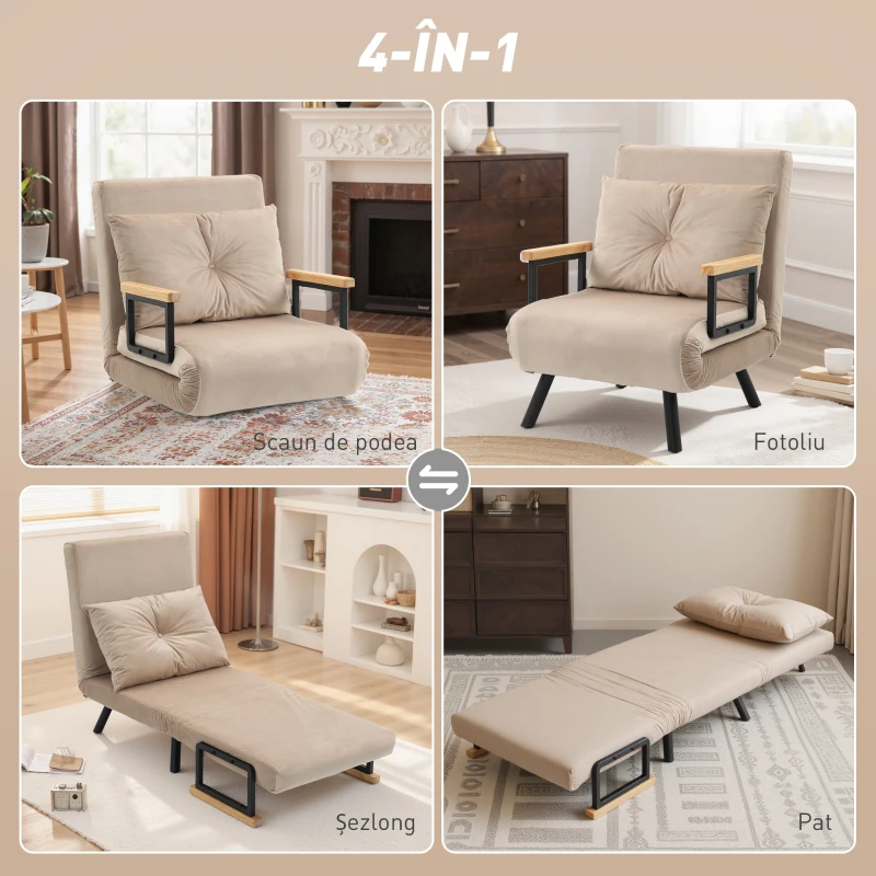 HOMCOM, Fotoliu Pat 3 în 1, Cu Spătar Reglabil și Pernă, din Material cu Aspect Catifelat, 63x73x81 cm, Bej