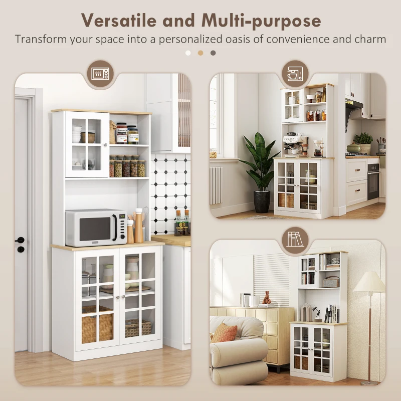 HOMCOM Freestanding Kitchen Cupboard, Tall Storage Cabinet with Doors and Adjustable Shelves, Counter Top, Grid Glass Doors, 80L x 37W x 183H cm - White