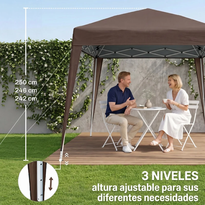 Outsunny Carpa Plegable 2,4x2,4 m Pop-up Cenador de Jardín Altura Ajustable con Bolsa de Transporte Anti-UV Impermeable Café