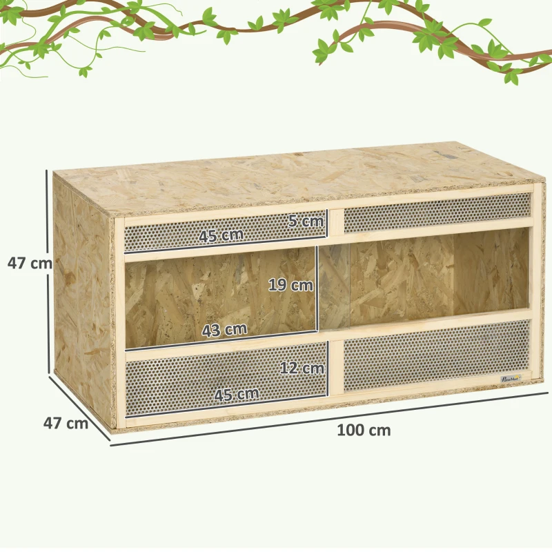 PawHut Terrarium en bois OSB pour reptiles avec porte coulissante en verre - 100 x 47 x 47 cm naturel