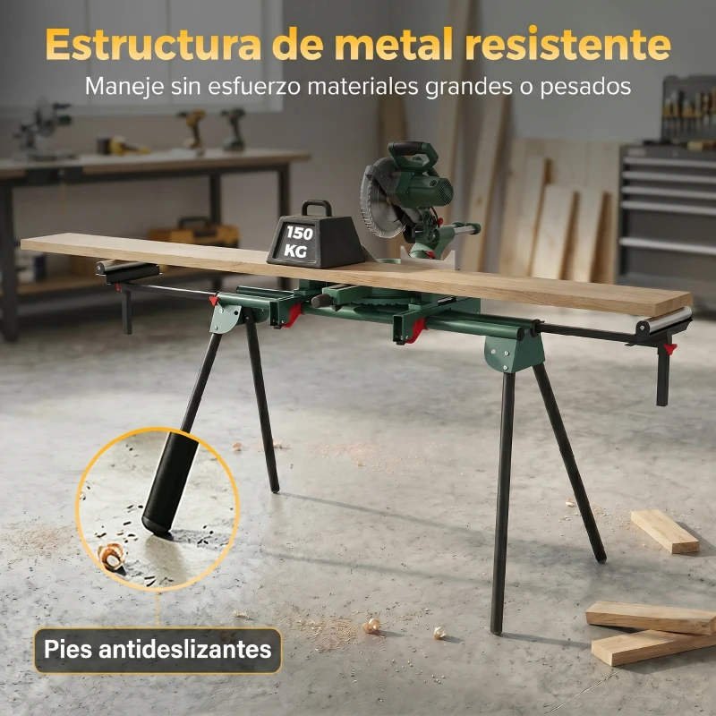 HOMCOM Soporte Sierra Ingletadora Universal con Rodillos Extensibles 94-195 cm Ajustable y Plegable Carga 150 kg Verde