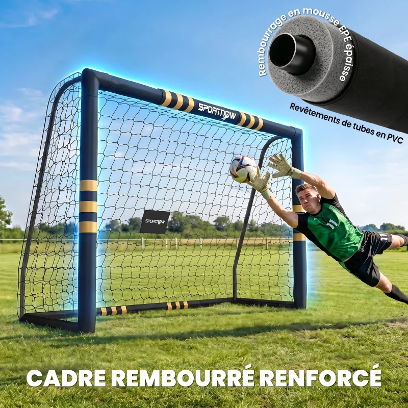 SPORTNOW But de Football avec Mousse de Protection, 6 Piquets de Sol et Filet en PE, 240x85x160cm, Jaune