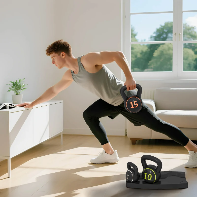SPORTNOW Three-Piece Kettlebell Set, 5lbs, 10lbs, 15lbs with Storage Tray