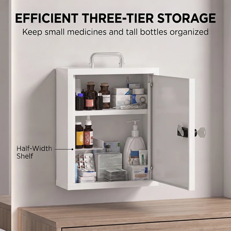 HOMCOM Wall Mount Medicine Cabinet with Combination and Key Lock, 3 Tier Steel First Aid Cabinet, White