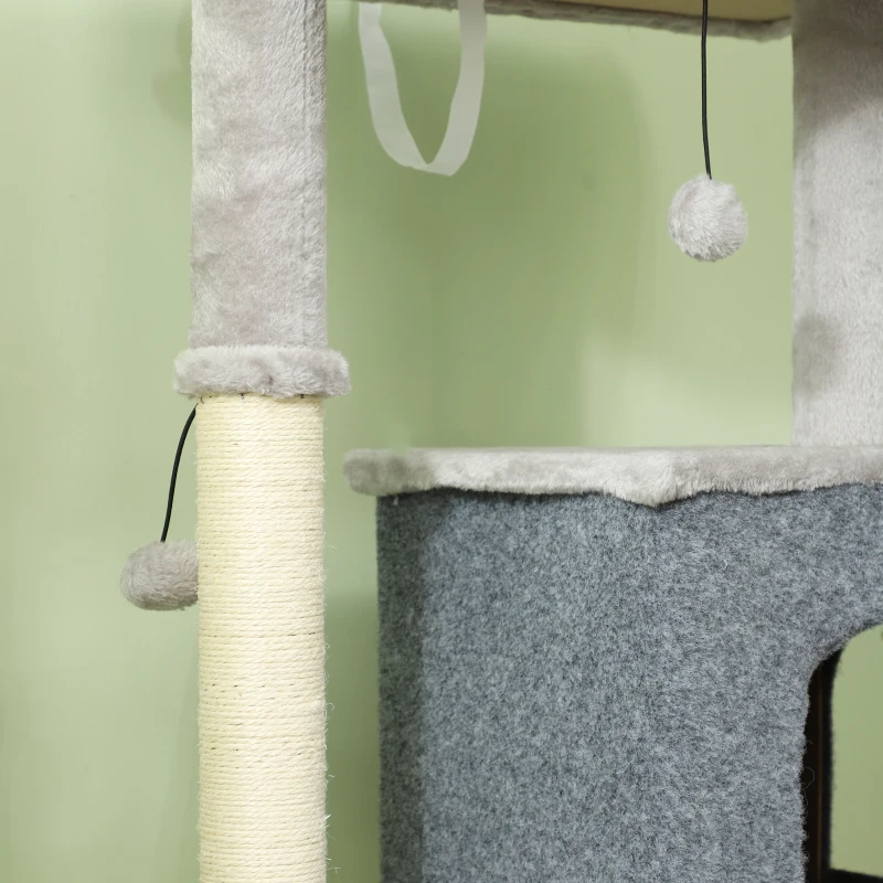 PawHut 132cm Cat Tree w/ Scratching Posts, Pad, Cat Bed, Cat House, Jumping Platform, Grooming Brush, Anti-Tip Kit, Light Grey