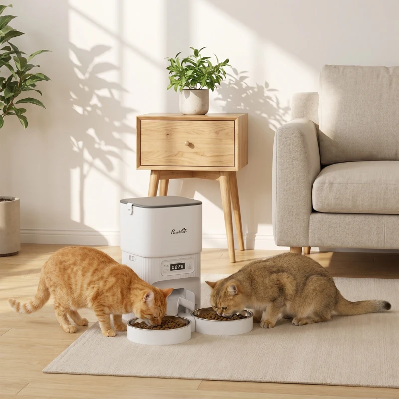 PawHut Alimentador Automático para Gatos/Cães 4L com 2 Tigelas, Dispensador de Ração 1-6 Refeições por Dia e Dupla Alimentação