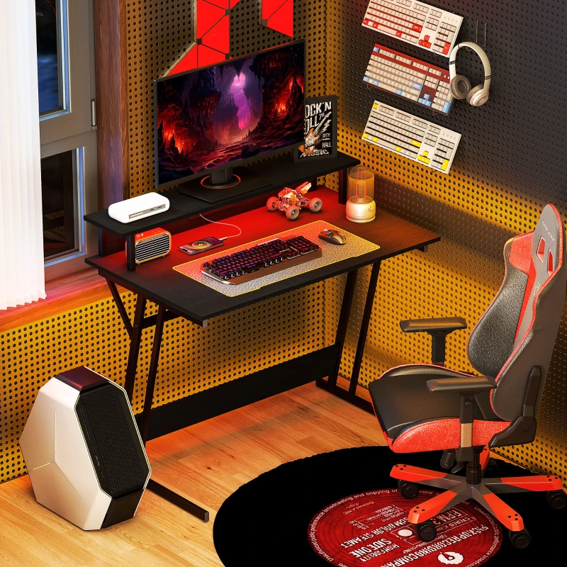 HOMCOM Escritorio Gaming con Luces LED 100x60 cm omas de Corriente Soporte para Monitor Estantes y Control Remoto Negro