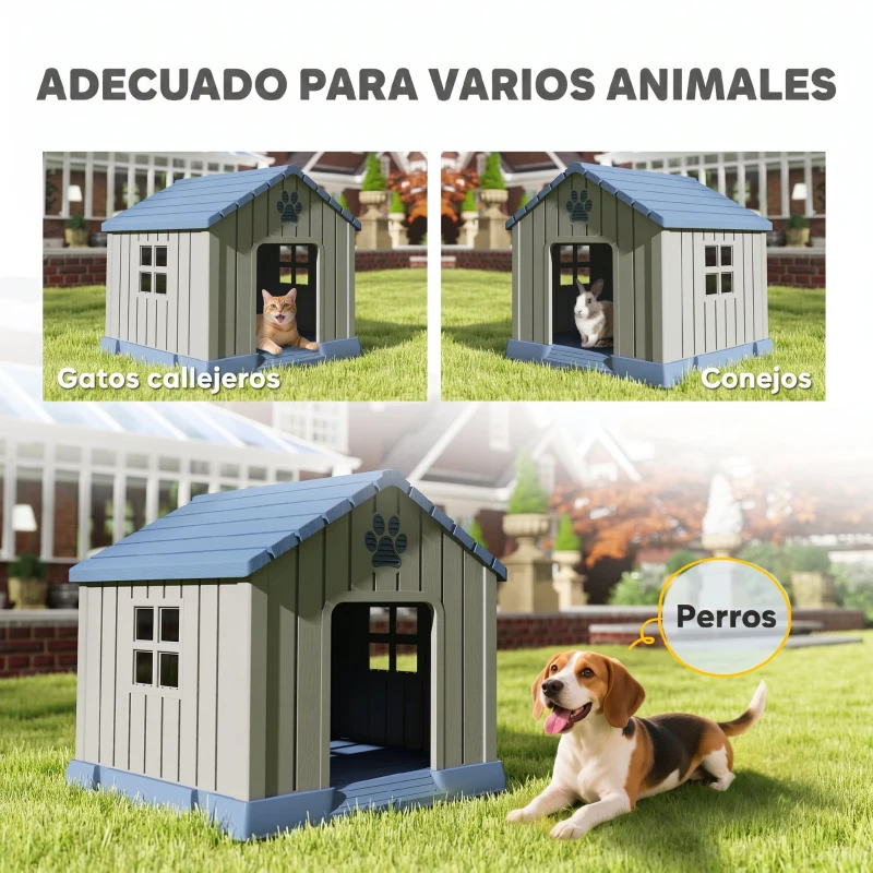 PawHut Caseta para Perros Medianos Exterior de Plástico Impermeable con 2 Ventanas Base Elevada Estacas 85x79x82 cm Gris