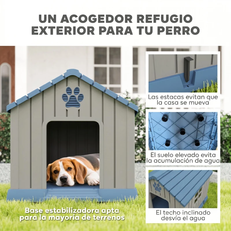 PawHut Caseta para Perros Medianos Exterior de Plástico Impermeable con 2 Ventanas Base Elevada Estacas 85x79x82 cm Gris