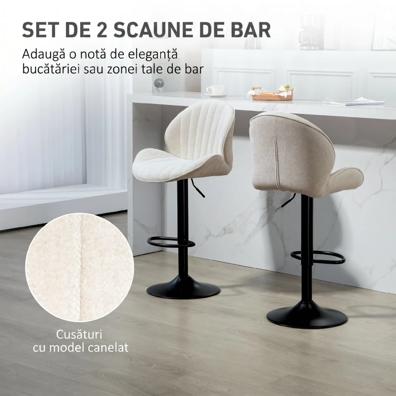 HOMCOM Set 2 Scaune de Bar tip Scoică cu Suport pentru Picioare, din Material Textil cu Efect de Catifea, 48x50x94-115 cm, Negru și Bej
