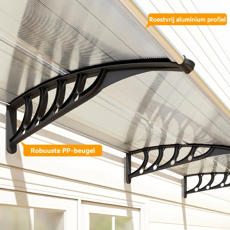 Outsunny Afdak voor Voordeur/Raam, Weerbestendig, Transparant, Aluminium/Polycarbonaat, 303x96x27cm, Zwart
