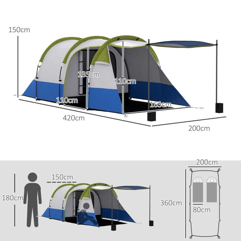 Outsunny Tienda de Campaña Plegable para 2 Personas 2 Habitaciones Bolsa de Transporte 420x200x150 cm Azul Oscuro y Verde
