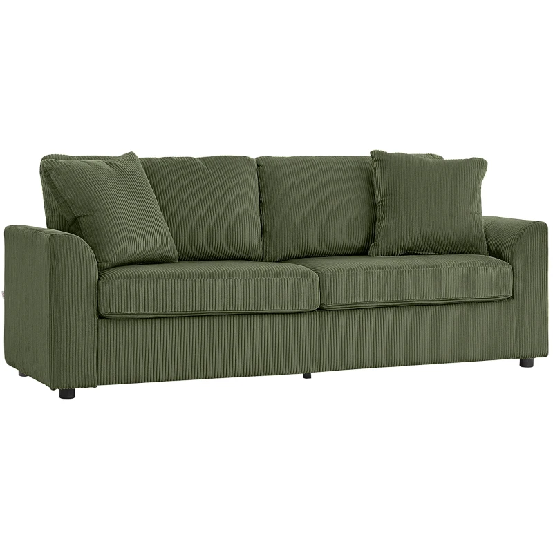 HOMCOM Divano 3 posti 212 cm con 2 cuscini a molle in velluto a coste, verde