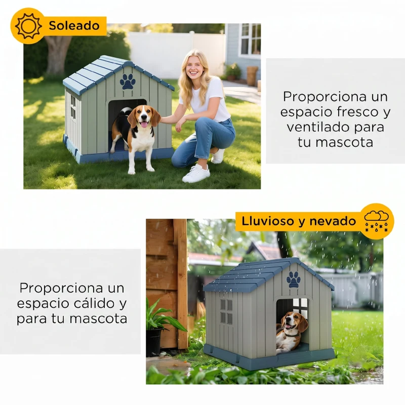 PawHut Caseta para Perros Medianos Exterior de Plástico Impermeable con 2 Ventanas Base Elevada Estacas 85x79x82 cm Gris