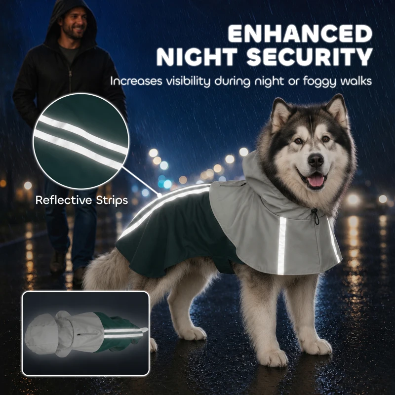 PawHut Dog Raincoat with Hood, Waterproof & Breathable Rain Jacket with Leash Hole, for Extra Large Dogs, Green, XL