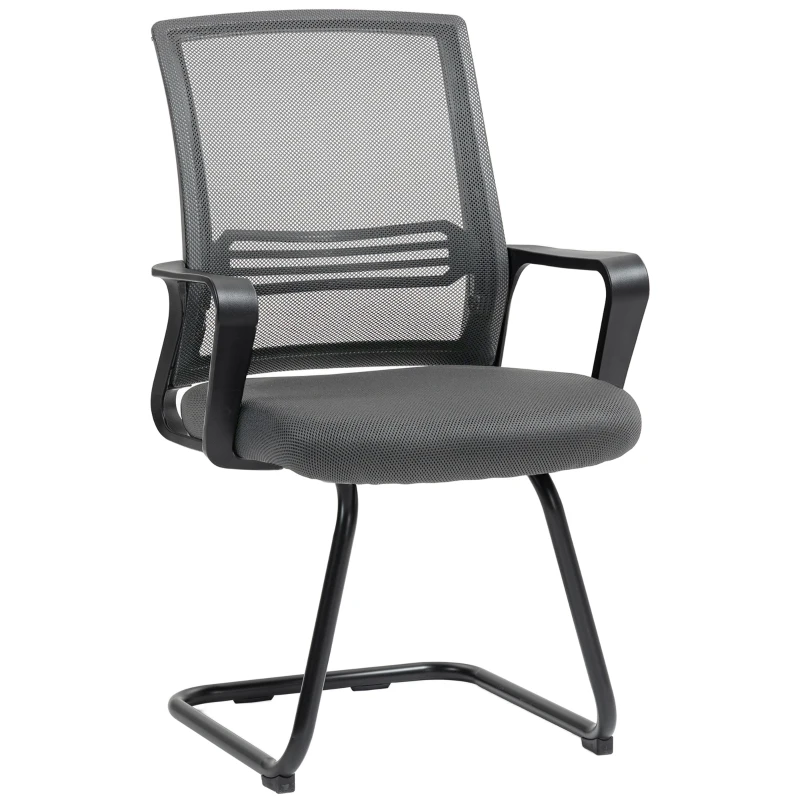 HOMCOM Padded Meeting Office Chair, Ergonomic Desk Chair No Wheels with Sled Base for Bedroom, Waiting, Reception, Dark Grey