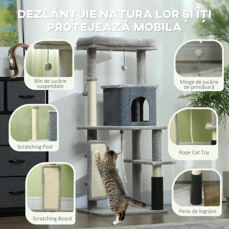 PawHut Copac pentru Pisici Multifuncțional, Înalt de 132 cm, cu Căsuță, Pat, Stâlpi de Zgâriat, Perie și Minge, Gri