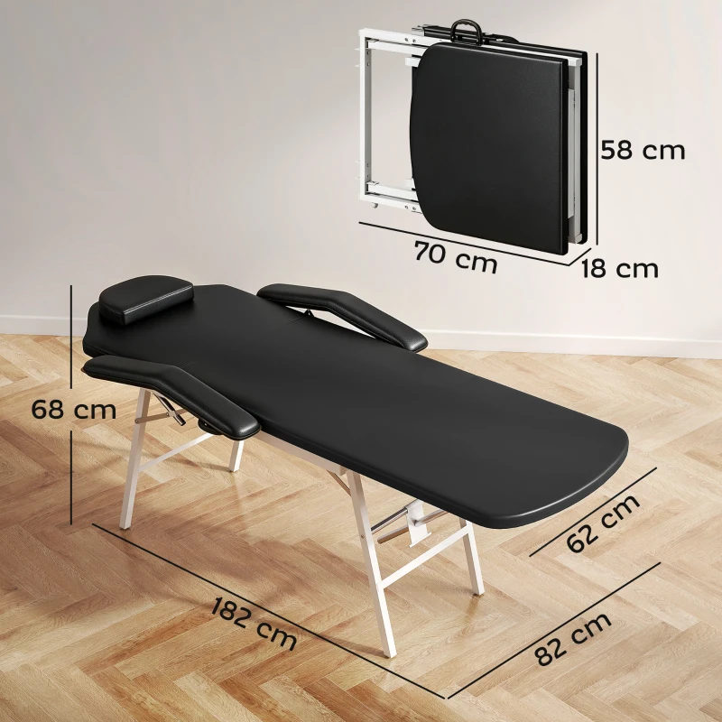 HOMCOM Masă de masaj pliabilă, pat de masaj 3 zone portabil 182 x 62 cm cu tetieră și cotiere detașabile, negru