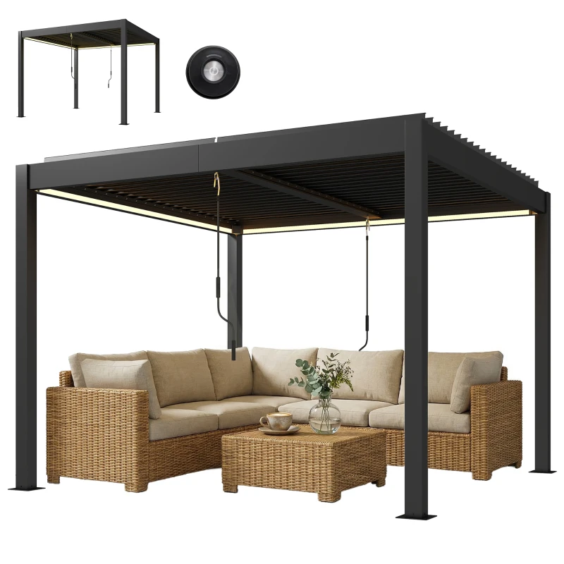 Outsunny 3 x 3 m Louvered Pergola with LED Lights, Metal Louvres, Aluminium Patio Gazebo Pergola, Dark Grey