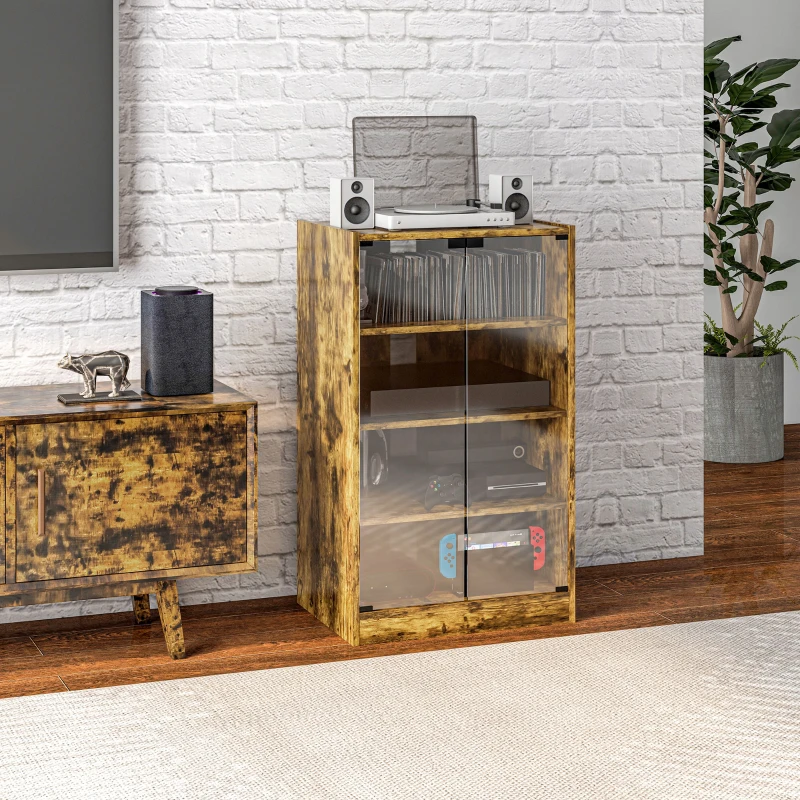 HOMCOM 4-Tier Hi-Fi Stand,  Record Player Stand with Adjustable Shelves and Push-to-Open Glass Doors, Rustic Brown