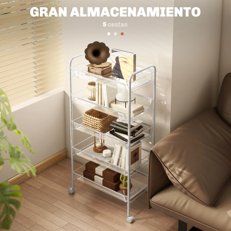 HOMCOM Carrito Auxiliar con Ruedas de 5 Niveles con Cestas de Malla Extraíbles y Marco de Acero 45x26,5x106 cm Blanco