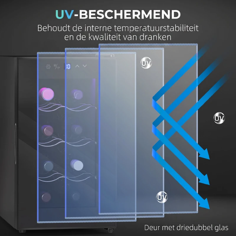 HOMCOM Wijnkoeler voor 8 flessen, 21L, thermo-elektrisch, verstelbare rekken, LED-verlichting, zwart