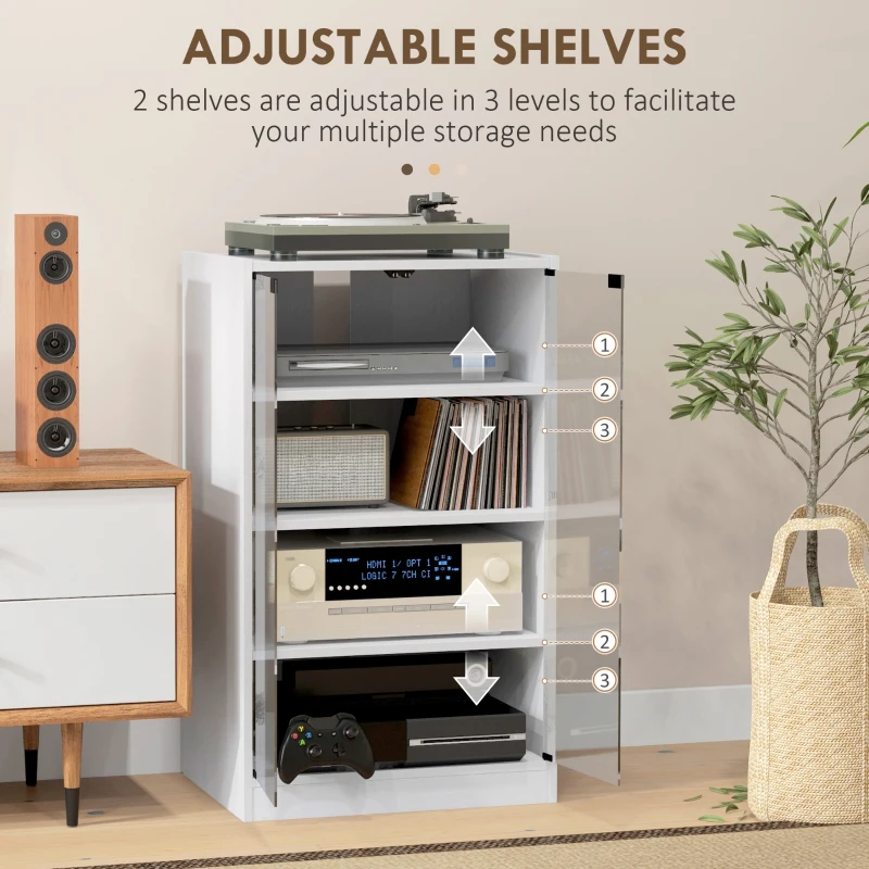 HOMCOM 4-Tier Hi-Fi Stand,  Record Player Stand with Adjustable Shelves and Push-to-Open Glass Doors, White Wood-Effect