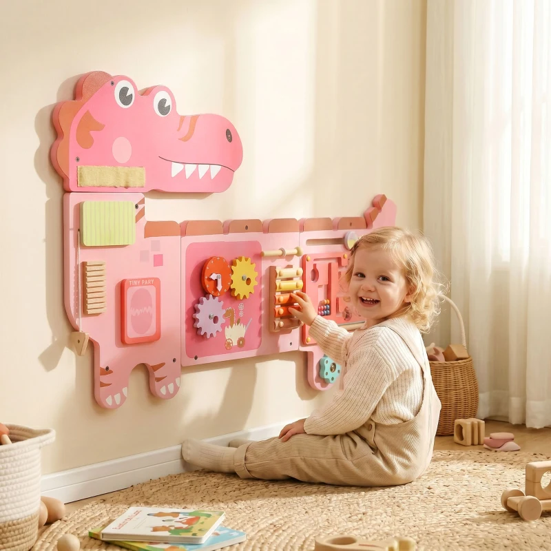 AIYAPLAY Busy Board Panels, Wall Mounted Montessori Inspired Busy Board, Toddler Learning Centre Dinosaur Theme, Pink