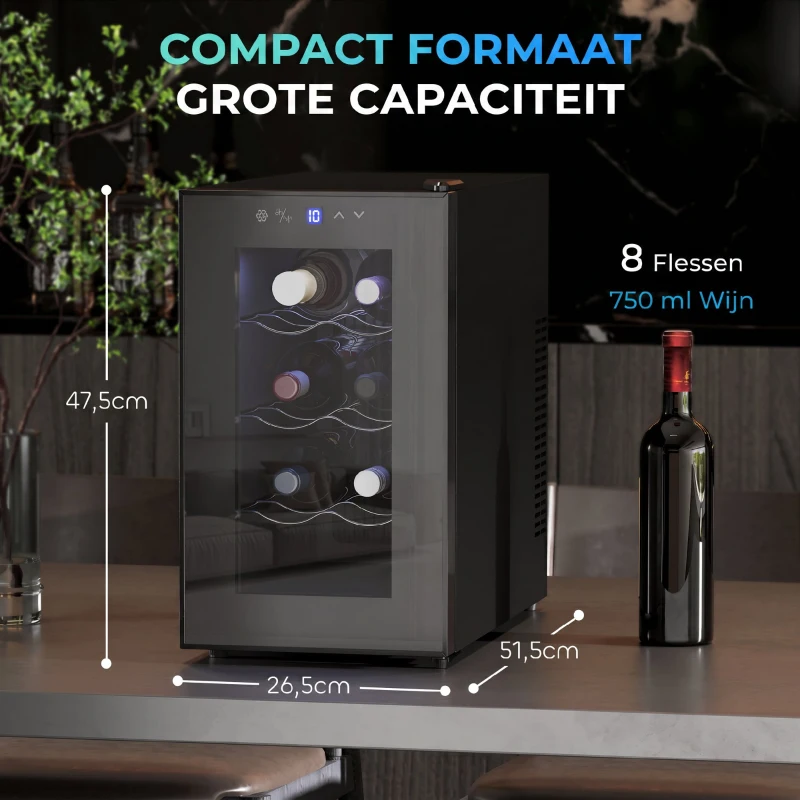 HOMCOM Wijnkoeler voor 8 flessen, 21L, thermo-elektrisch, verstelbare rekken, LED-verlichting, zwart
