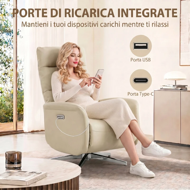 HOMCOM Poltrona Relax Elettrica Reclinabile a 160° Girevole con Poggiapiedi in Pelle PU, Presa USB, Beige