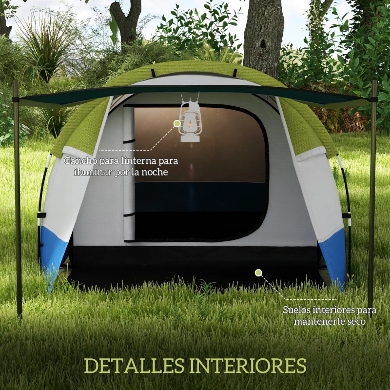 Outsunny Tienda de Campaña Plegable para 2 Personas 2 Habitaciones Bolsa de Transporte 420x200x150 cm Azul Oscuro y Verde