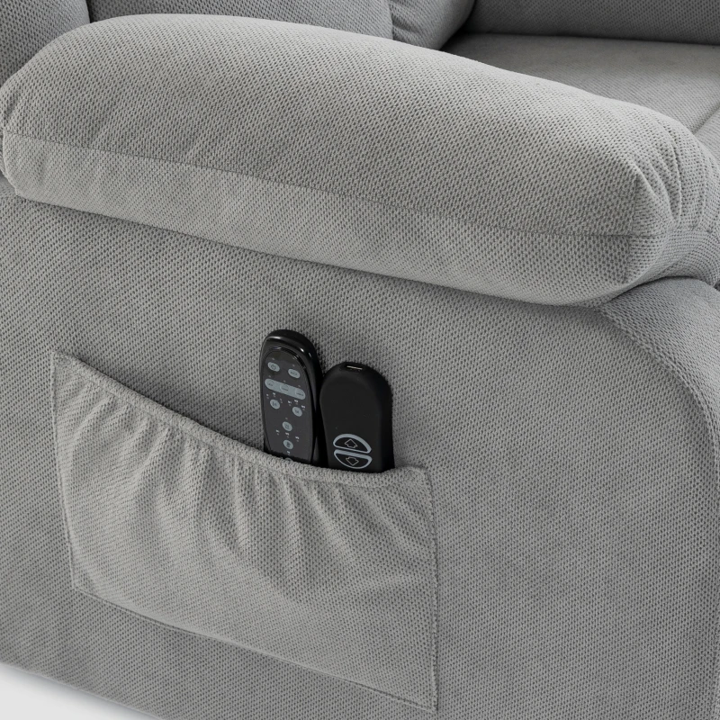 HOMCOM Fauteuil met opstahulp, massagefunctie en lendenverwarming, recliner met afstandsbedieningen en zijvakken, lichtgrijs