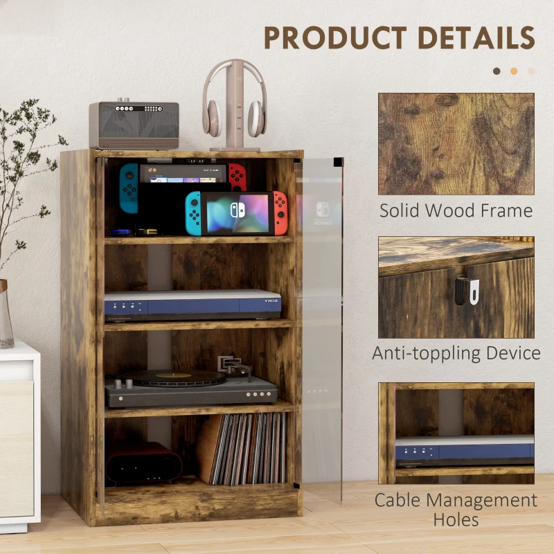 HOMCOM 4-Tier Hi-Fi Stand,  Record Player Stand with Adjustable Shelves and Push-to-Open Glass Doors, Rustic Brown