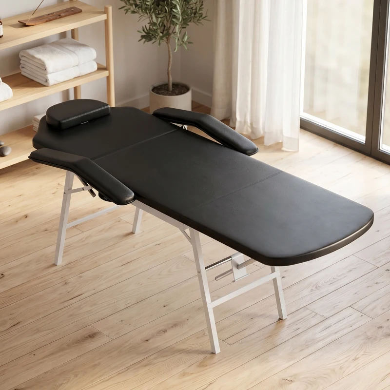 HOMCOM Masă de masaj pliabilă, pat de masaj 3 zone portabil 182 x 62 cm cu tetieră și cotiere detașabile, negru
