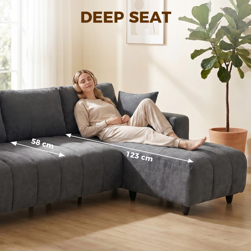 HOMCOM Canapé d'Angle Modulable 242 cm, Canapé 3 Places en L avec Méridienne Réversible, 2 Oreillers, Tissu Aspect Lin, Gris