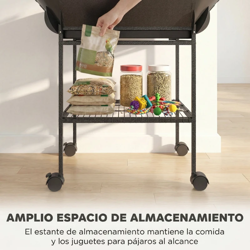 PawHut Parque de Juegos de Pájaros con Ruedas Escaleras Columpio Protector de Semillas Bandeja Comederos Perchas 63x63x163 cm