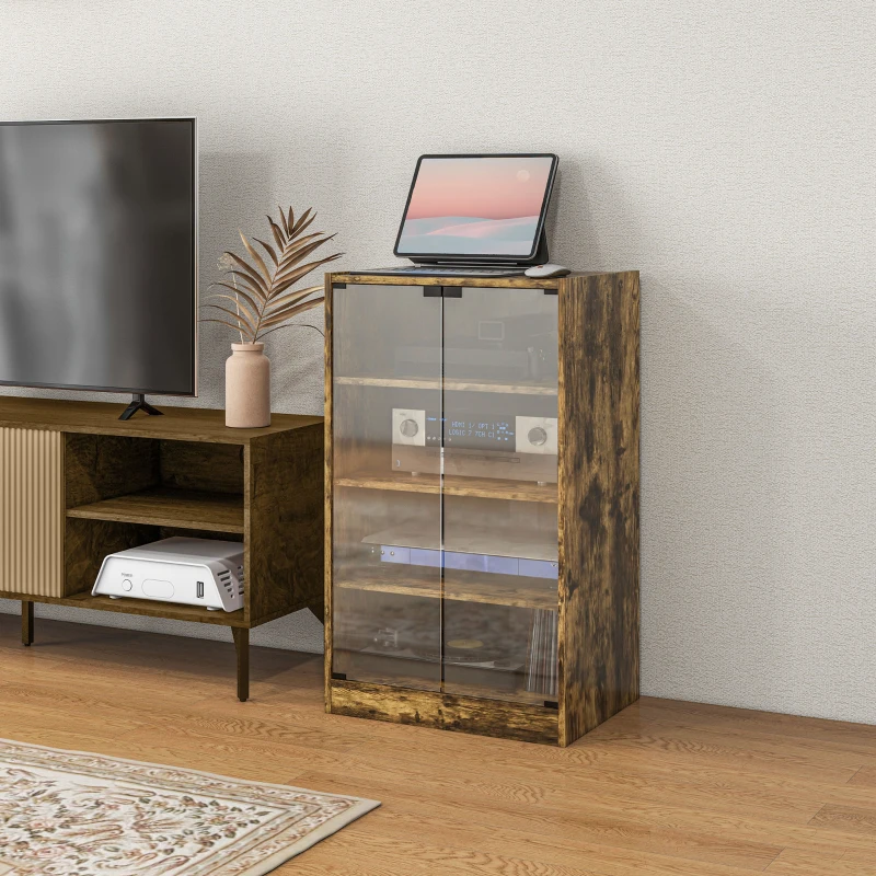 HOMCOM 4-Tier Hi-Fi Stand,  Record Player Stand with Adjustable Shelves and Push-to-Open Glass Doors, Rustic Brown