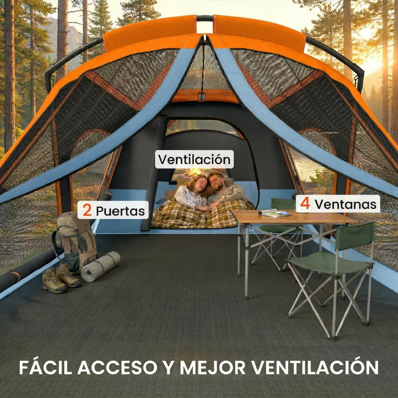 Outsunny Tienda de Campaña Familiar Tipo Túnel para 4 Personas con 2 Habitaciones Puertas Tragaluces Impermeable Fácil Montaje