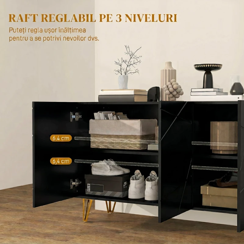 HOMCOM Dulap Mobil cu 2 Dulapuri și Raft Reglabil, din PAL și Metal, 120x40x75 cm, Negru și Auriu