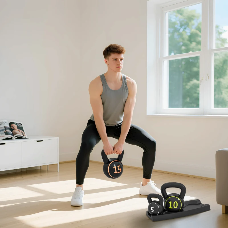 SPORTNOW Three-Piece Kettlebell Set, 5lbs, 10lbs, 15lbs with Storage Tray