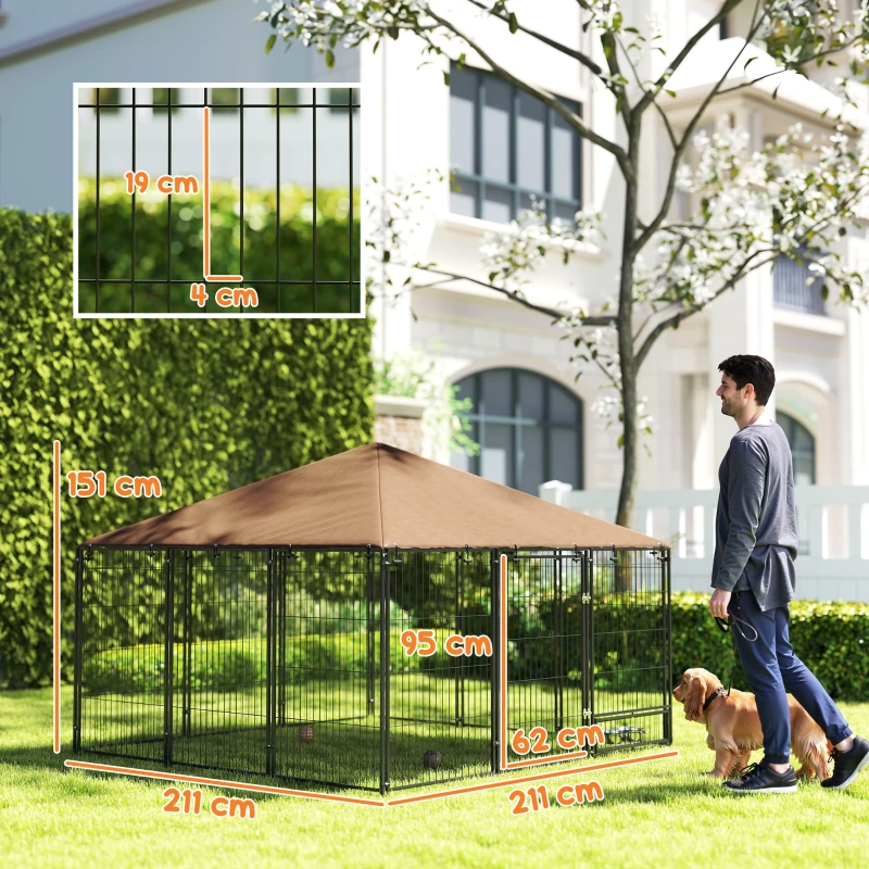 PawHut Recinto per Cani in Metallo e Tessuto Oxford con Porticina per Ciotole, 211x211x151 cm, Nero e Marrone