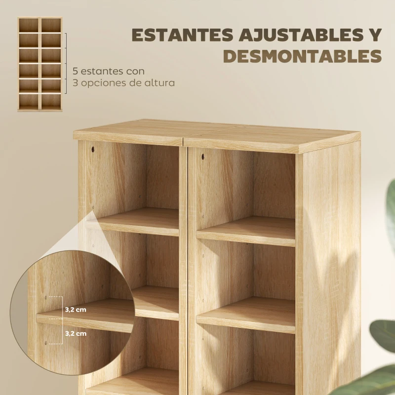 HOMCOM Set de 2 Estanterías para CDs y DVDs con 12 Compartimentos Estantes Ajustables 21x22,5x88,5 cm Roble