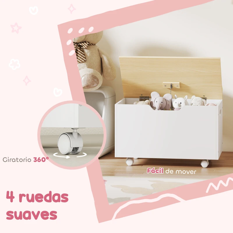 AIYAPLAY Baúl Juguetes Infantil con Ruedas Tapa Abatible con Bisagra de Seguridad Diseño de Nube Blanco y Natural