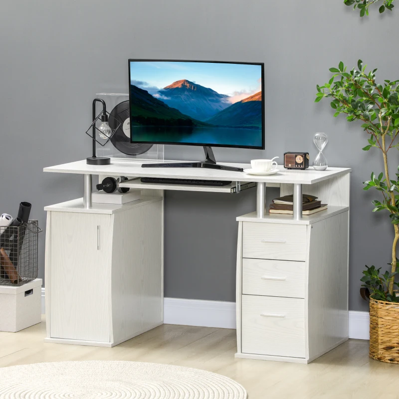 HOMCOM Computerschreibtisch 120 x 55 cm mit Tastaturauszug, 3 Schubladen, für Schlafzimmer, Zuhause, weiß