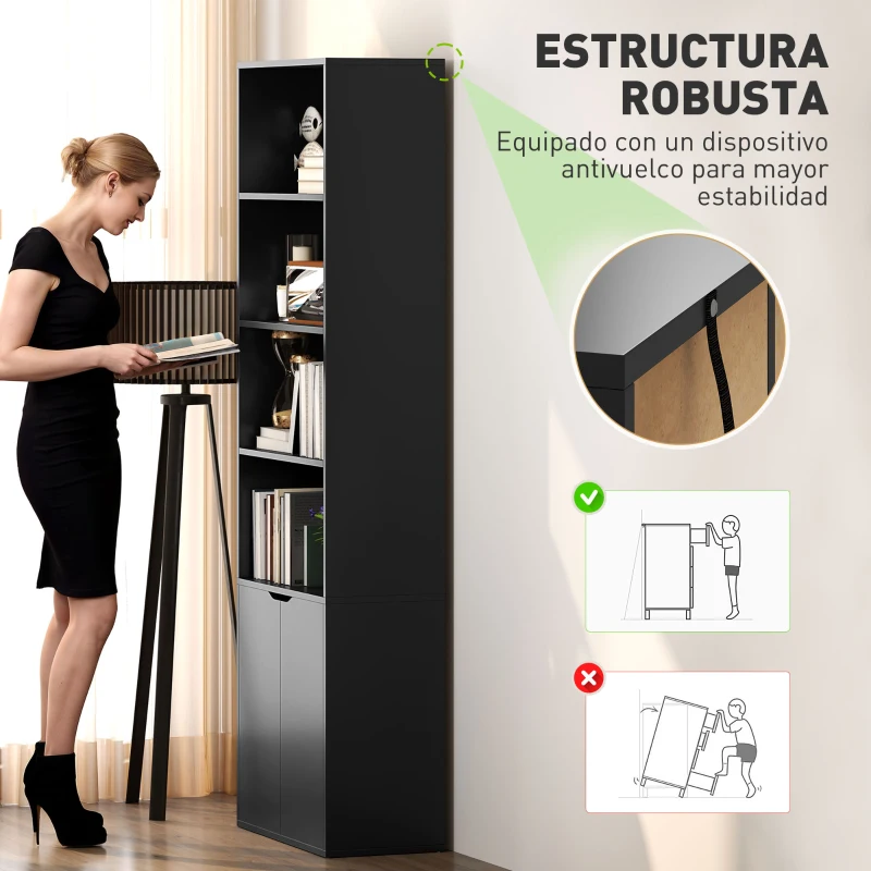 HOMCOM Estantería para Libros de 6 Niveles Librería con Puertas 4 Estantes Abiertos para Salón Estudio 59x29x180 cm Negro