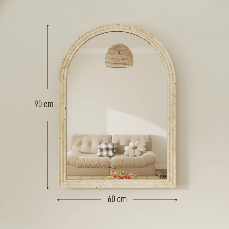 HOMCOM Oglindă de perete în formă de arc cu margine canelată și cârlige, din sticlă și polistiren, 60x2x90 cm, bej