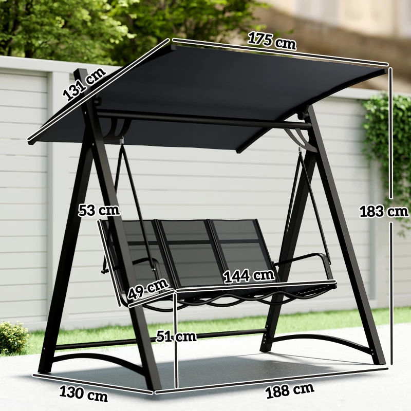 Outsunny 3 Seater Swing Chair, Garden Swing Bench with Adjustable Tilting Canopy, Breathable Mesh Seat 360 kg Capacity, Grey